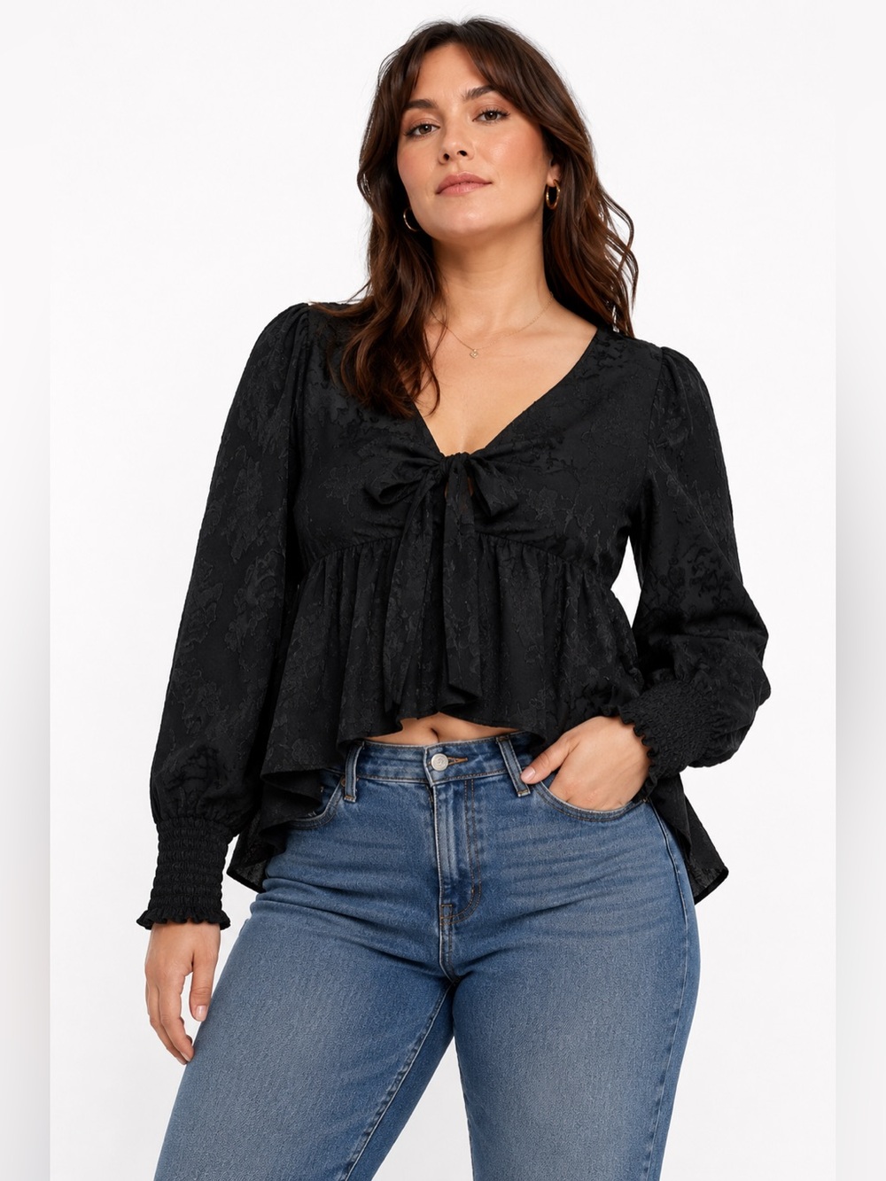 Mi Ami Victorian Jacquard Floral Flowy Tie Front Blouse (Black) Size Large